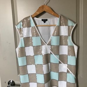 Worth sequined tan, white and aqua top